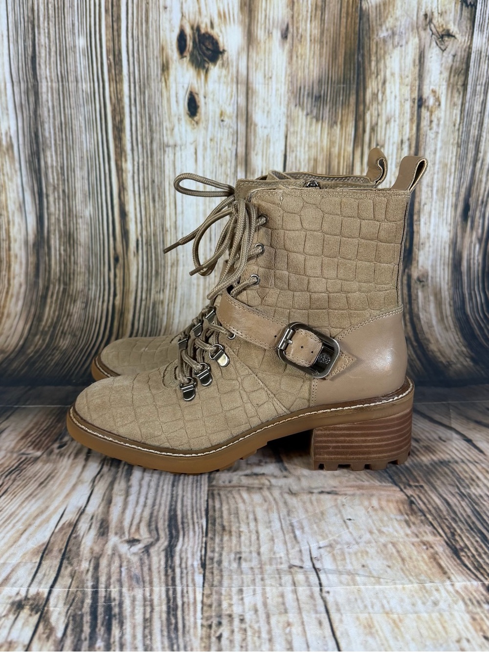 Vince Camuto Kaiander Leather Taupe Croc-Embossed Hiker Combat Boots Women’s 7